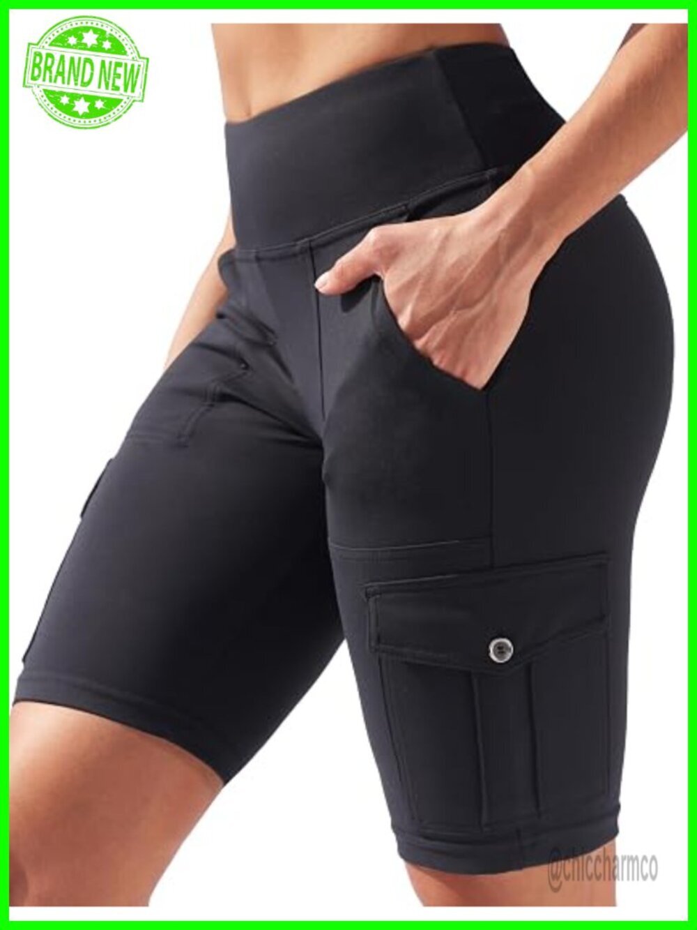 High Waisted Bike Shorts with Cargo Pockets Tummy Control Yoga Running